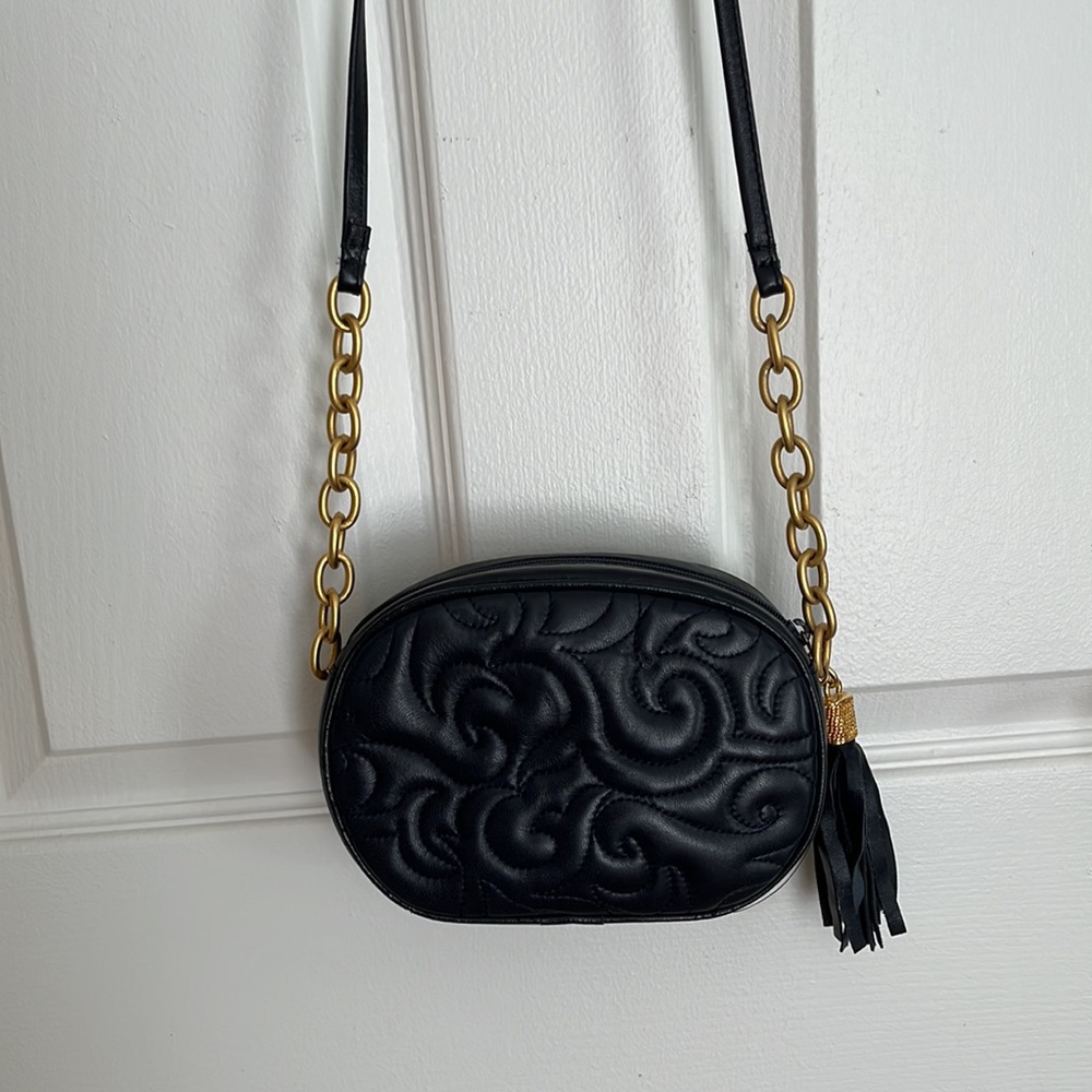 L.J.S. Collection Navy Leather Quilted Mini Crossbody Bag W/Tassel
